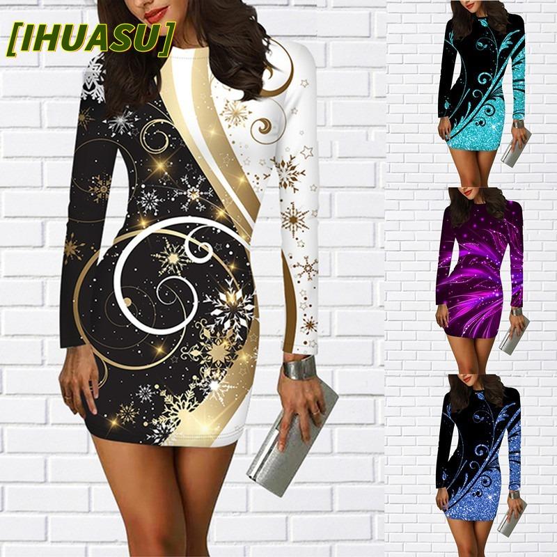IHUASU Vestidos Casuais de Manga Comprida com Gola Redonda para Outono Inverno