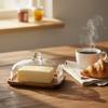 Acacia Wood Butter Dish with Glass Lid & Knife, Nordic Cheese Board Cake Plate, Kitchen Countertop Decorative Serving Tray