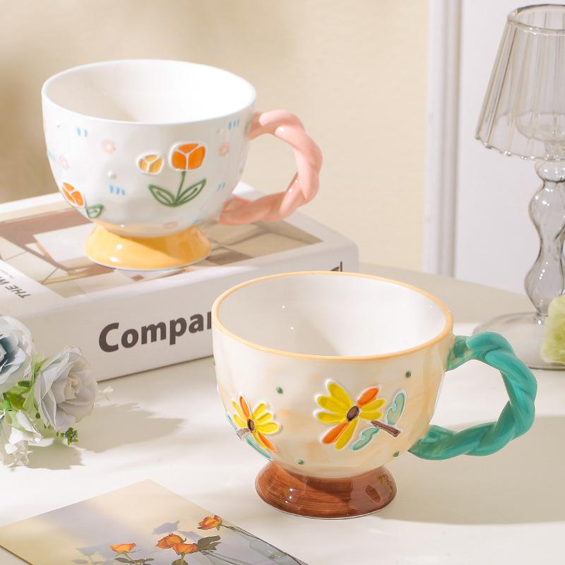 Ceramic Cup Cute Household Water Cup Coffee Cup Mug Mug Large Capacity Breakfast Cup Floral Design Ceramic Cup