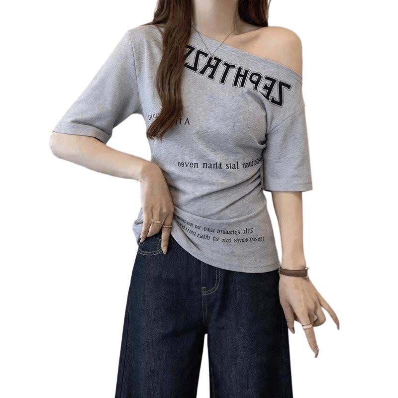 La Chapelle Women s Asymmetrical Shoulder Print T-Shirt XL