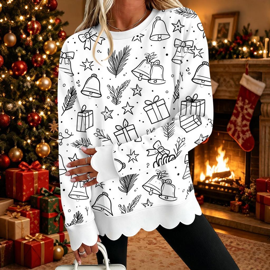 Women's Christmas Print Crewneck Sweatshirt with Scalloped Wavy Hem Long Sleeve Pullover Top for Holiday Casual Wear