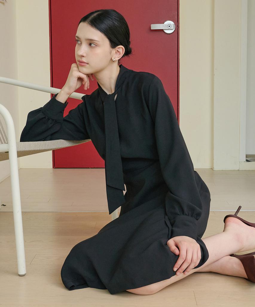 Bye Bye Seop Ribbon Scarf Long Dress Black [T43]