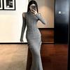 Twist Knitted Off-the-shoulder Suit Women's Early Spring Gray Long-sleeved Top Skirt Two-piece Set Soft Waxy Skin-friendly Elastic