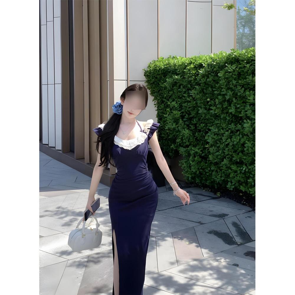 Black one-word shoulder neck dress women's summer temperament slim and thin split hip wrap long skirt