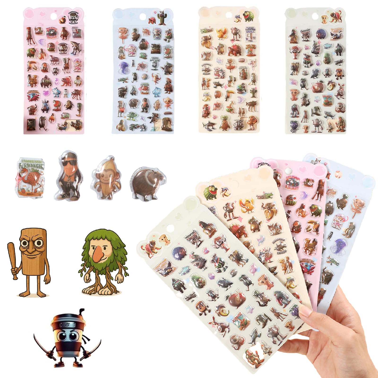 

Umi Italian Brainrod Tuntun Tun Sahur 4-Piece 3D Sticker Set Waterproof Decorative DIY Stationery Notebook Accessories Gift for Kids Girls