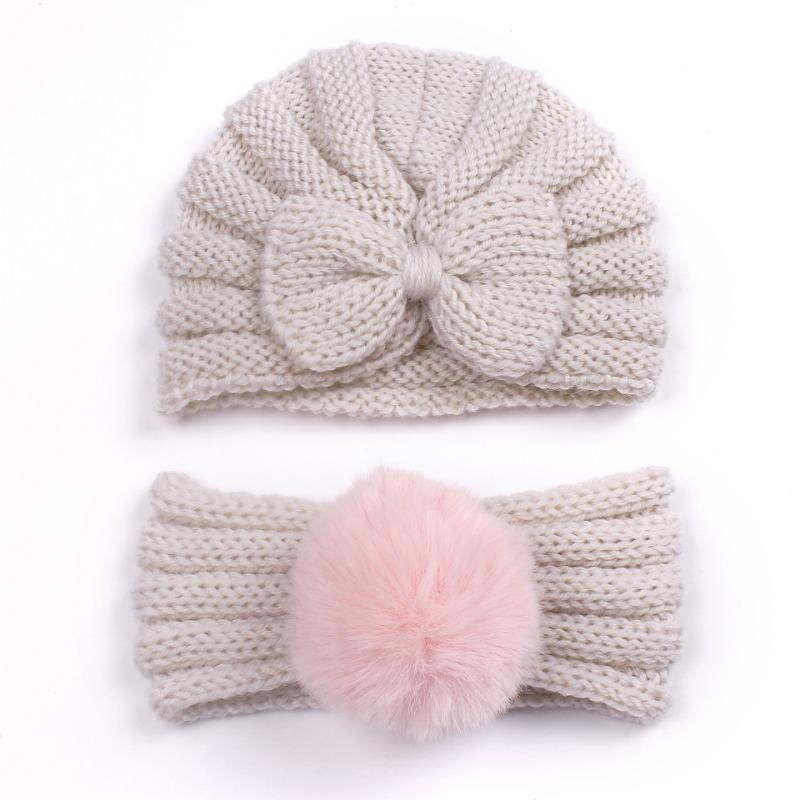 New children's winter warm headscarf hat set, baby bow pullover hat, baby headband