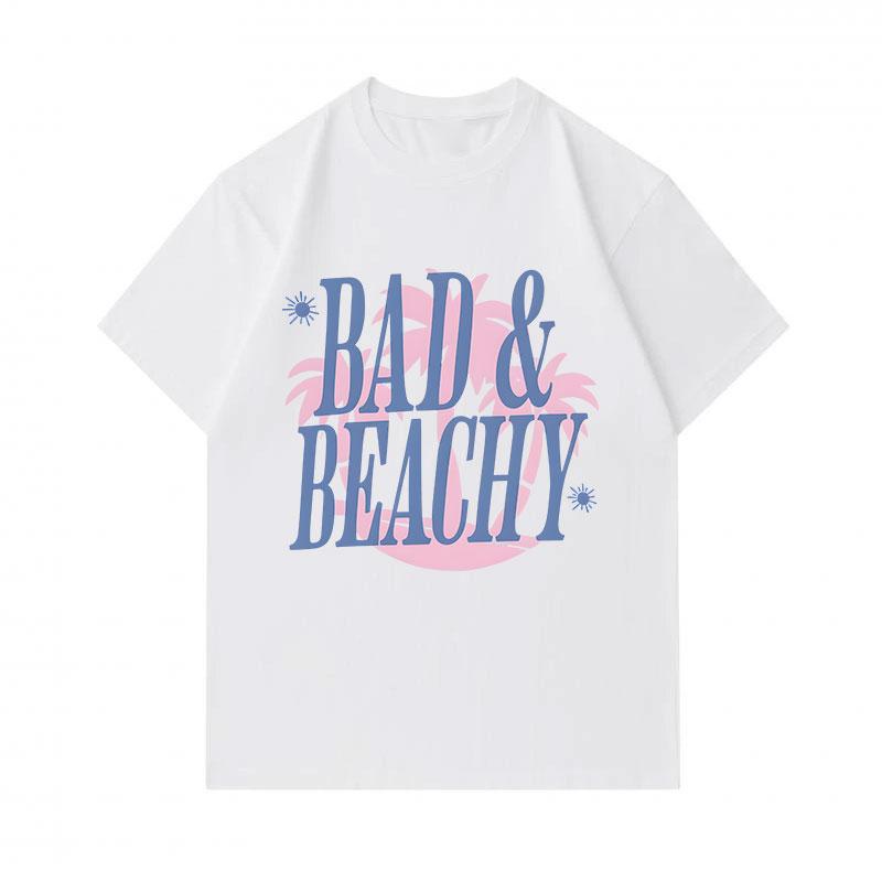Men's 100% Cotton Crew Neck Short Sleeve T-Shirt, Casual Bad & Beachy Letter Print Palm Sun Pattern Soft Breathable Summer Daily Tees for Beach Vacati
