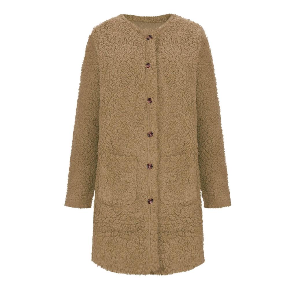 Women's Casual Solid Color Round Neck Long Sleeve Plush Casual  Jacket