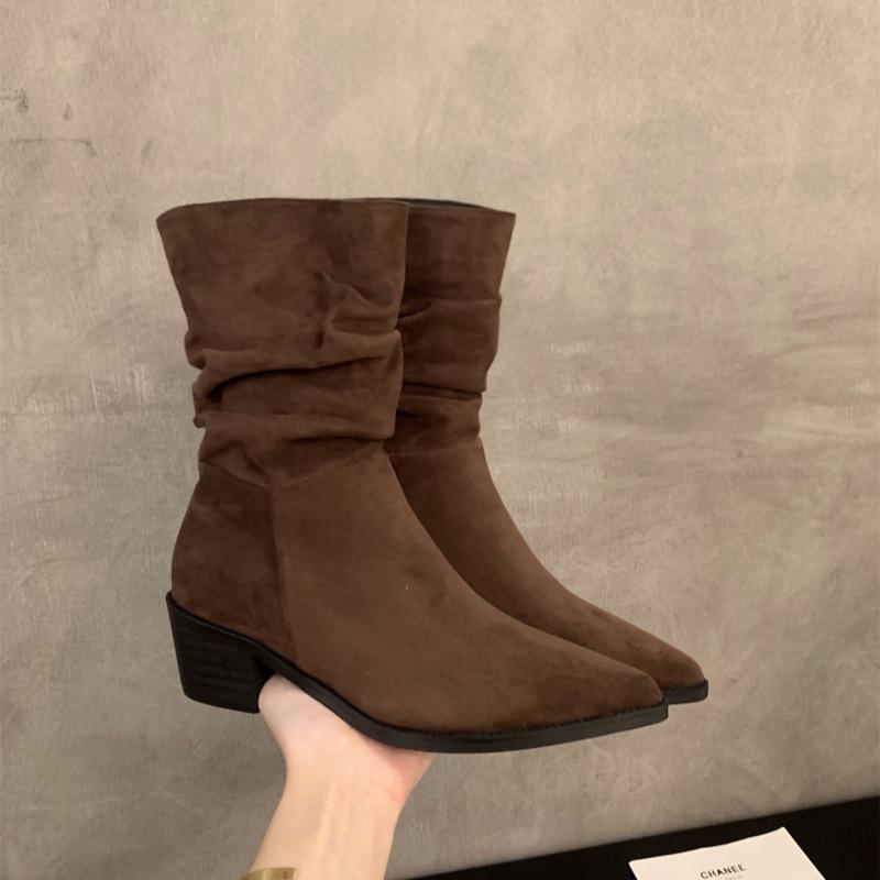 High Heel Pointed Suede Khaki Thin French Small Short Boots Women's Shoes 2025 New Stacking Boots Spring and Autumn Single Boots