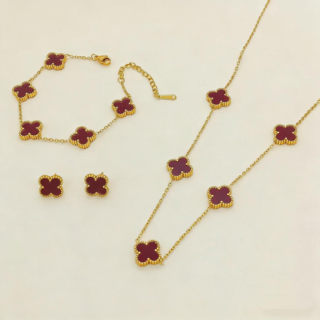 Set de Joyería de Acero de Titanio Madreperla Doble Cara Trébol de Cuatro Hojas con Pulsera, Collar y Pendientes