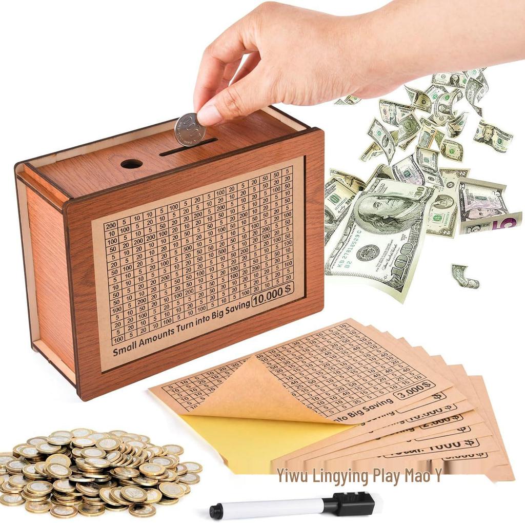 Cross-Border Money Box with Counter: Wooden Piggy Bank & 8 Stickers - Children's Gift