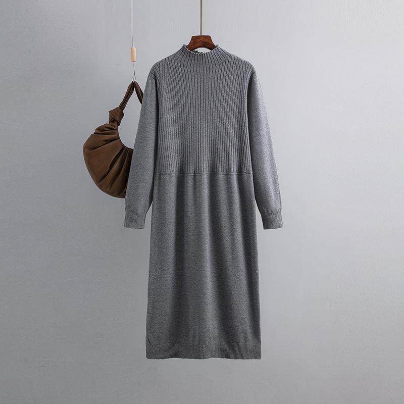 Toamnă Iarnă Pe jumătate guler înalt cu mânecă lungă din lână, culoare uni, până la genunchi, rochie tricotată supradimensionată