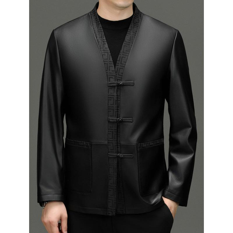 Men's new first-layer sheepskin Tang suit disc-buckled leather jacket jacket top men's trendy men's clothing