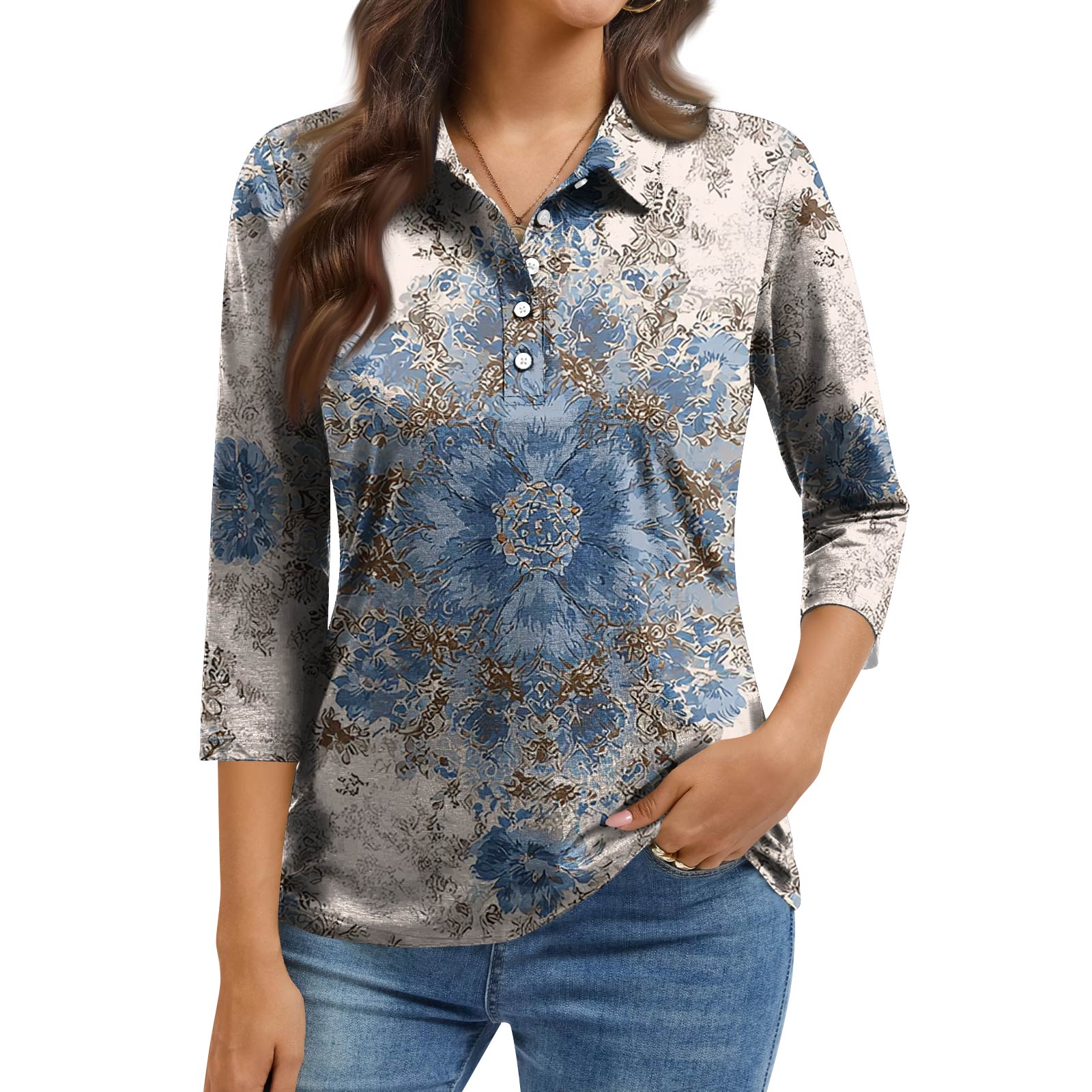 

Women s Fashion Casual Lapel Short 3/4 Sleeve Print Shirt Women s Button Up Tops XL