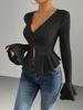 Women's clothing European and American elegant style T-shirt spring and summer new V-neck ruffle leaf edge slim temperament scratching top