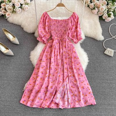 Summer Romantic Floral Print Women Dress Elegant Puff Sleeve Elastic Waist Party Vestidos Vacation Lady Robe