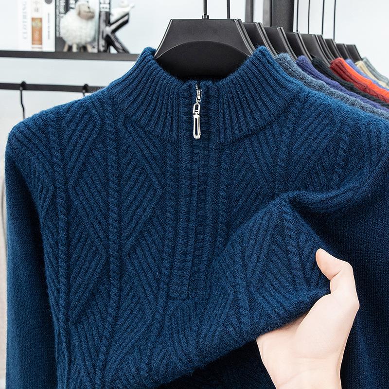 2025 Men s Fashionable Half-High Collar Zipper Jacquard Knit Sweater 3XL