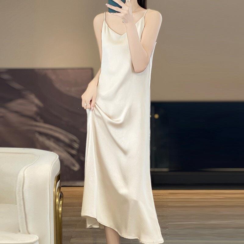 Light Luxury High-end Style Printed Satin Suspender Dress Women's New Temperament New Chinese Acetic Acid Dress