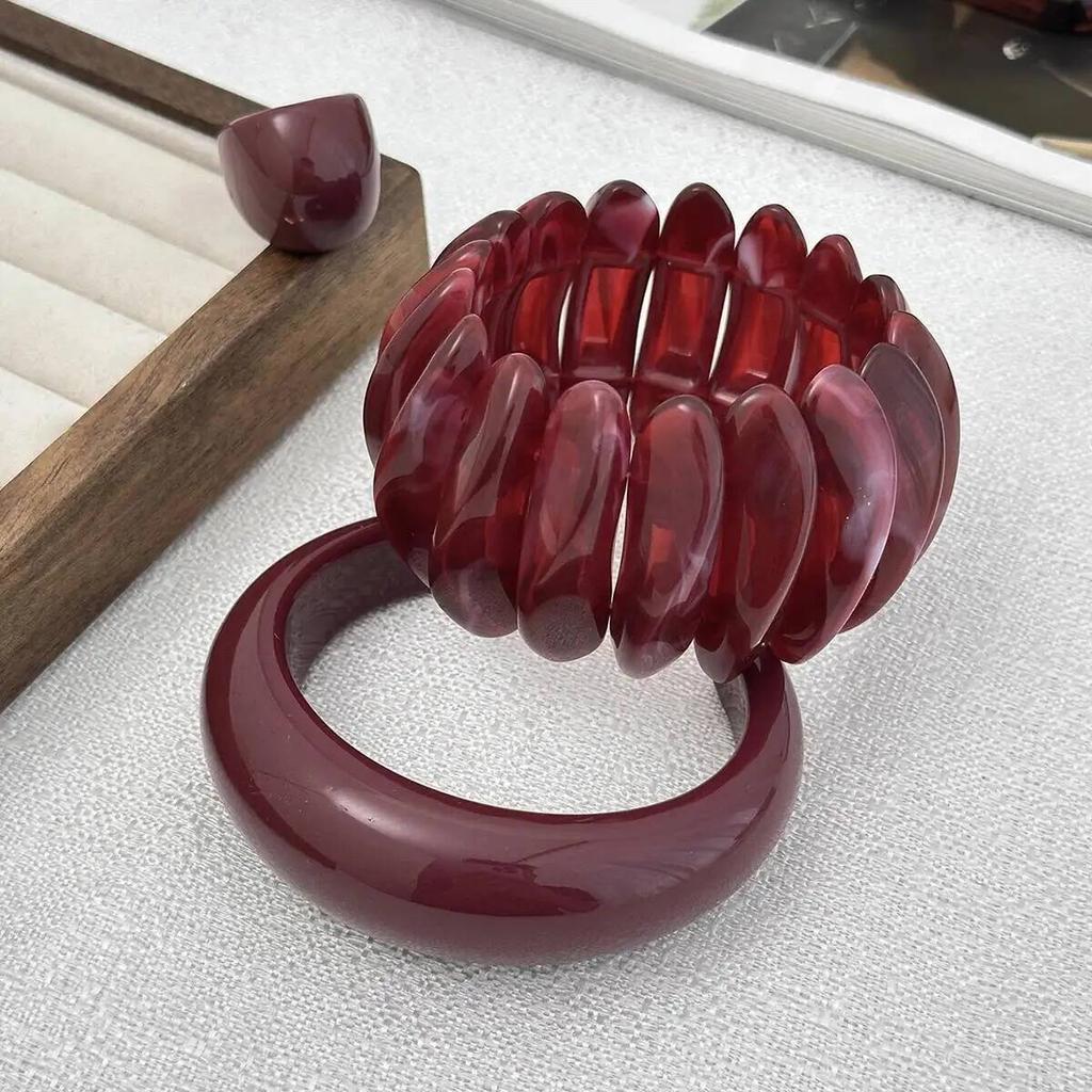 SHIXIN 2 Stili Bracciale Elastico Bangle Resina Acrilica Rosso Vino Retrò per Donne Elegante Rotondo Irregolare Grosso Larga Gioiello Bangle