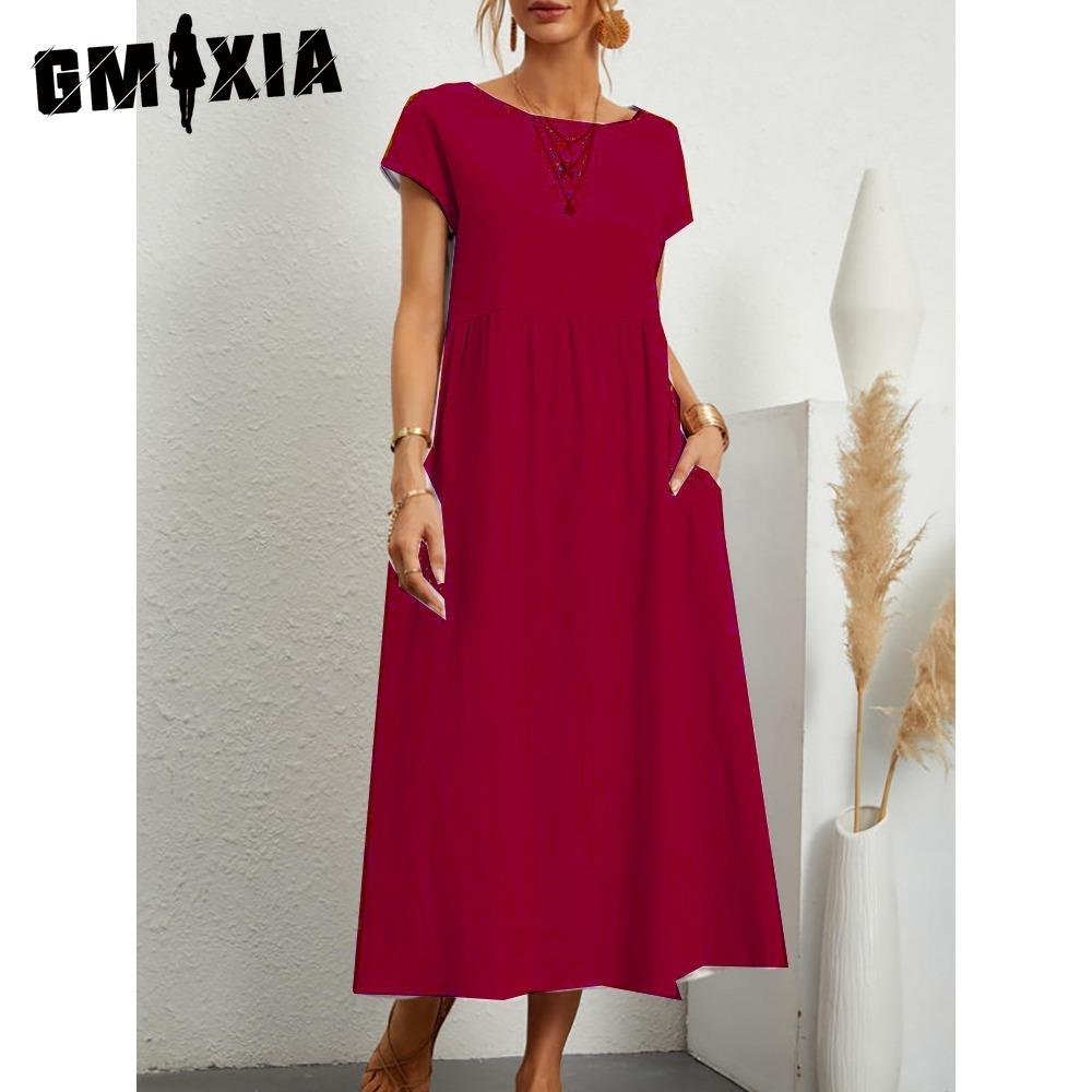 

GMXIA Летнее повседневное свободное платье для женщин с коротким рукавом, О-образным вырезом, А-силуэтом, женское платье с карманом, офисные женские платья из хлопка и льна XXL красный