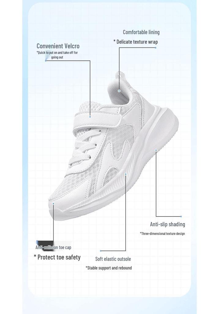 Boys' Non-slip Mesh Running Shoes - Soft Sole, White, for Spring & Autumn School Sports.