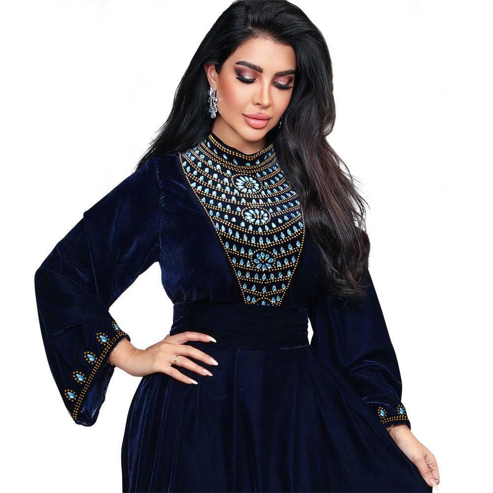 Women's Blue Water Drop Rhinestone Suede Evening Gown Robe