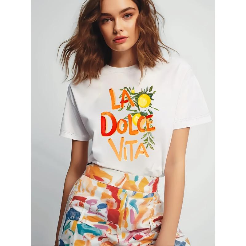 Damen Italienischer Stil Zitrone & "La Dolce Vita" Grafikprint T-Shirt - Leicht Atmungsaktiv Rundhals Kurzarm Oberteil,