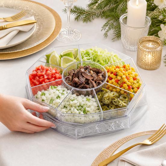 Rotating Serving Tray, with Multi-Compartment And Central Sauce Cup Design, Food Tray for Cold Cuts Seafood Fruits Vegetables