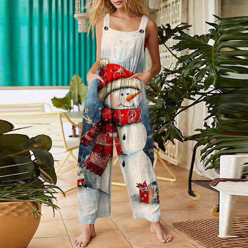 Women's Casual Jumpsuit Sleeveless Christmas Printed Cotton Jumpsuit