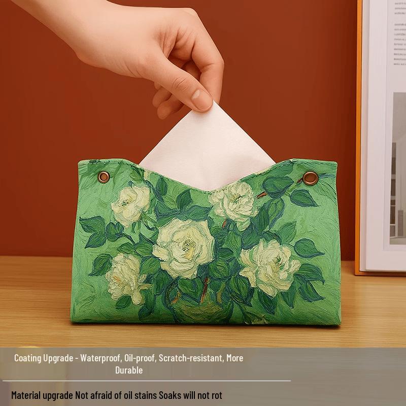 LIEI Light Luxury Oil Painting Rose Waterproof Leather Tissue Box