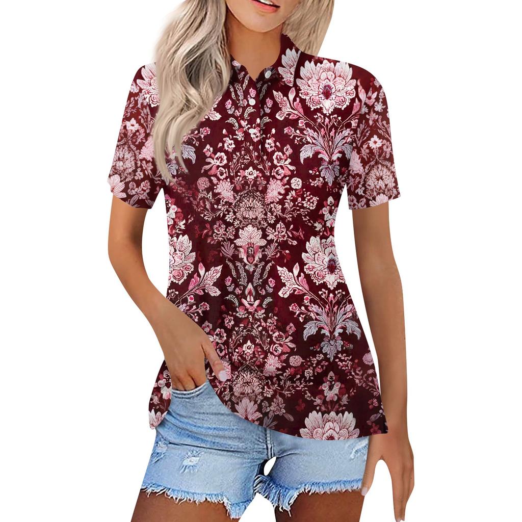 Dámská móda Neformální košile s potiskem s klopou a krátkým rukávem Dámské topy se zapínáním na knoflíky