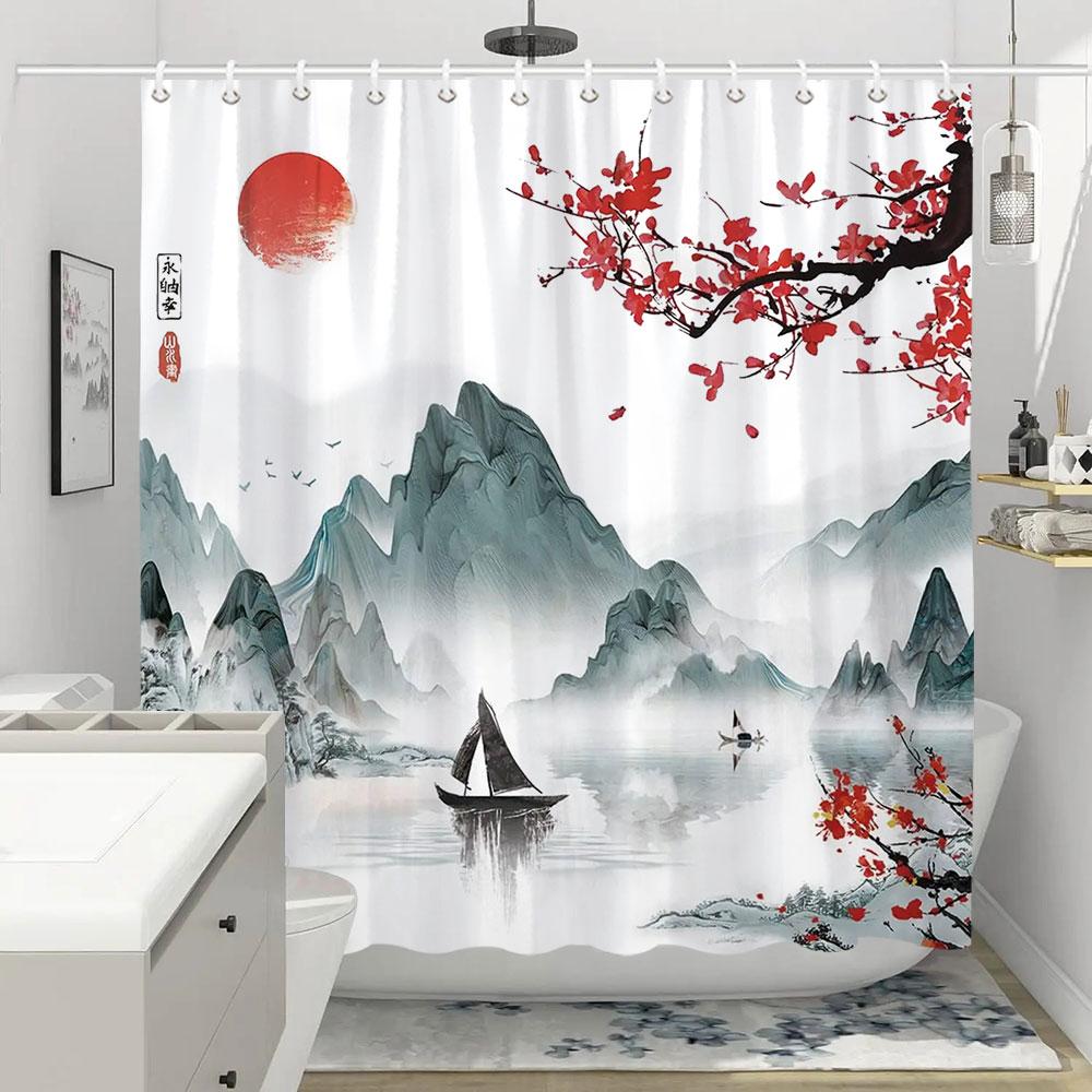 Shower Curtain Red Plum Blossom Branch Japanese Chinese Oriental Sun Misty Mountains Ink Nature Landscape Bathroom Curtains