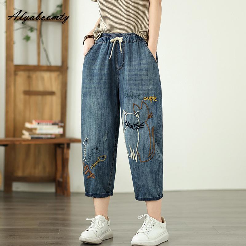 Stil coreean de vară femei Streetwear denim capris cu talie elastică cu cordon, drepte, blugi cu broderie din desene animate, blugi eleganti, feminini, până la gleznă