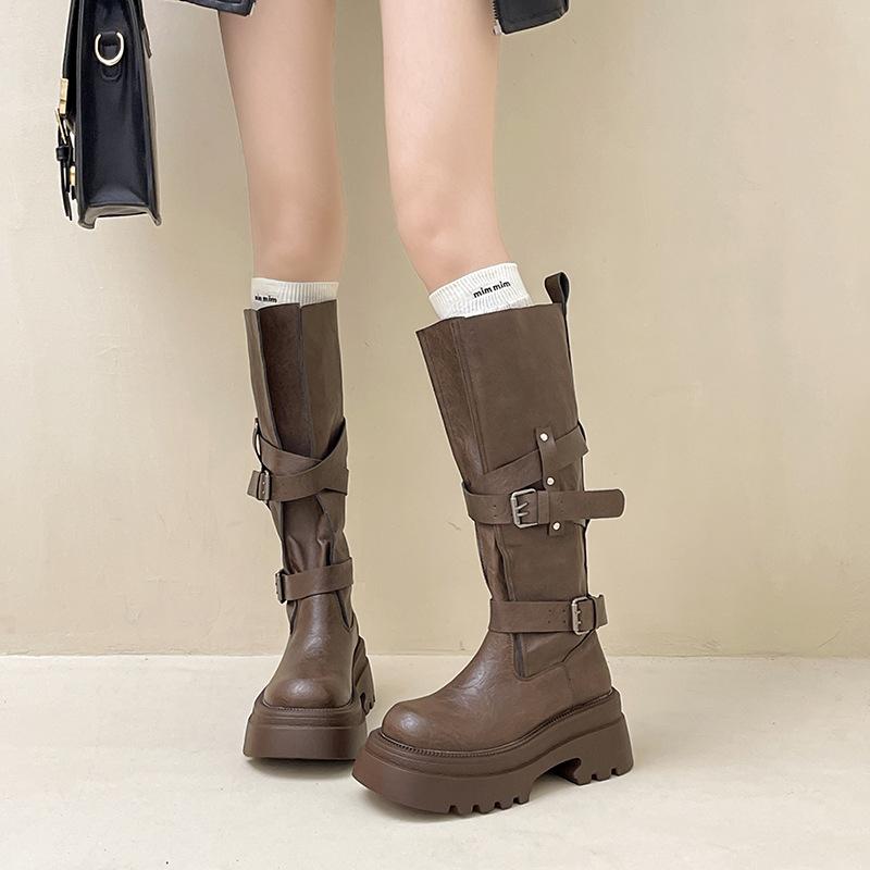 Fashion 2025 New Fashion Platform Woman Knight High Boots Fashion Belt Buckle Thick Sole Shoes Ladies Slip on Modern Long Botas