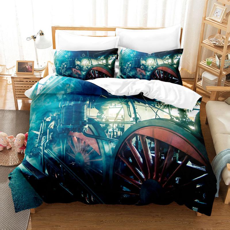 Steam Locomotive, Old-Fashioned, Shabby Train, Transportation, Digital Printing, Three-Piece Bed Sheet