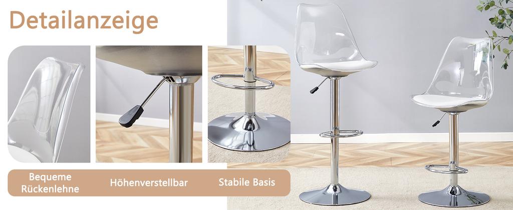 Modernes, verstellbares Barhocker-Set, 2 Stück, Rückenlehnen aus transparentem Kunststoff, Sitzfläche aus PU-Leder, Metallbeine, höhenverstellbar, 360 Grad drehbar