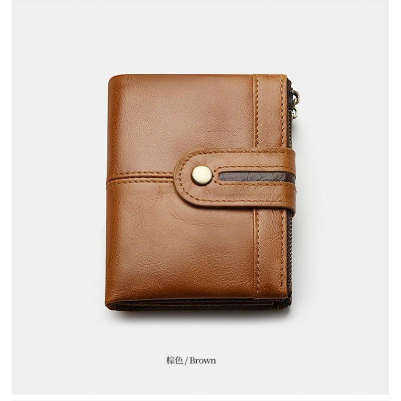 Men's Short Leather Zipper Coin Purse European American Retro Cowhide RFID Anti-theft Brush Wallet