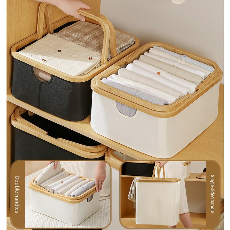 Foldable Storage Basket With Bamboo Handle, Large Capacity Laundry Hamper & Multi-Purpose Organizer Made Of Oxford Cloth
