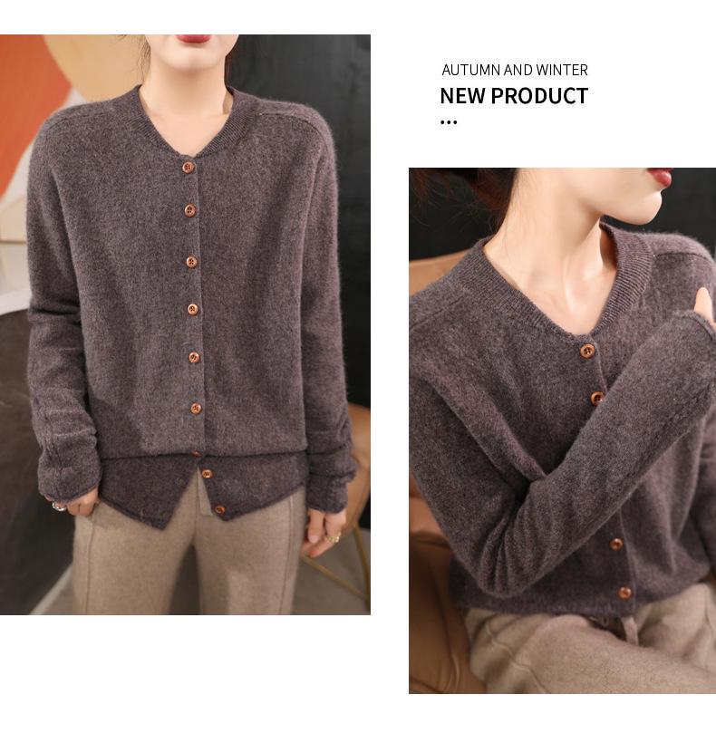 2024 Women's Loose V-Neck Pure Wool Knit Cardigan - Autumn/Winter Plus Size French Style Outerwear