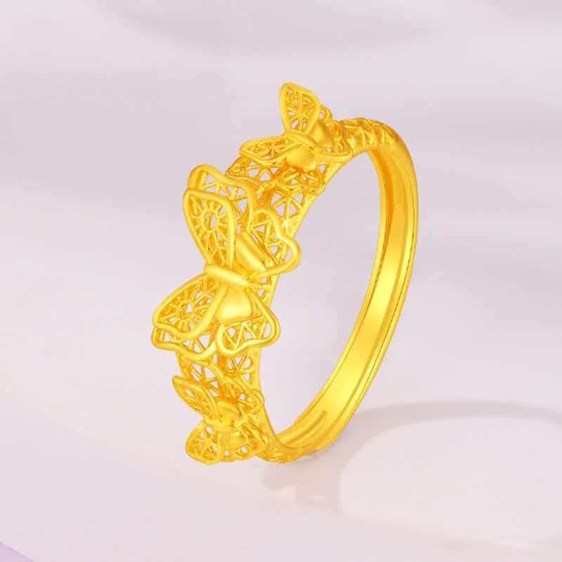 Light Luxury Advanced Sense Filigree Butterfly Ring Women 24K Gold Au999 - Chinese Retro Fairy, Date Party Eye-Catching Style
