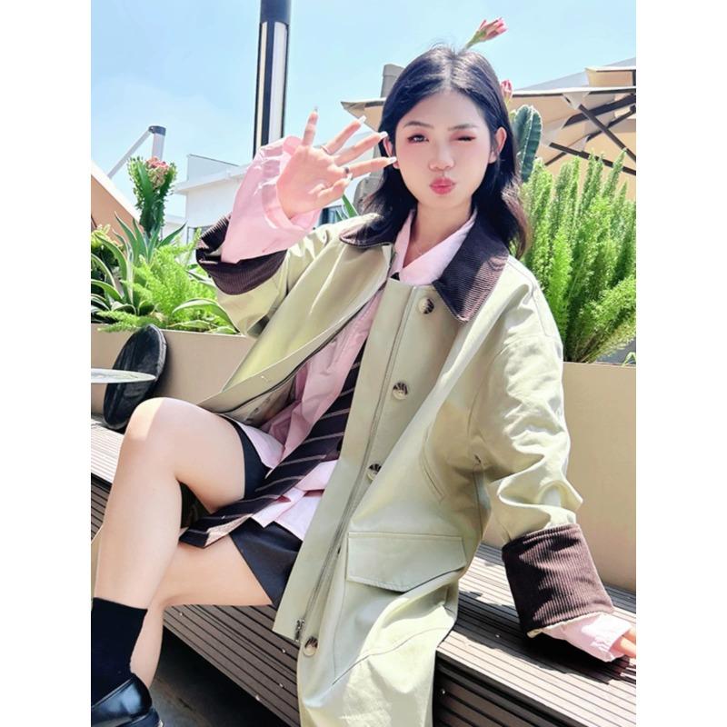 Lapel Green Color Matching Mid-Length Windbreaker Jacket Women's Autumn New Versatile Casual Korean Style Coat Jacket