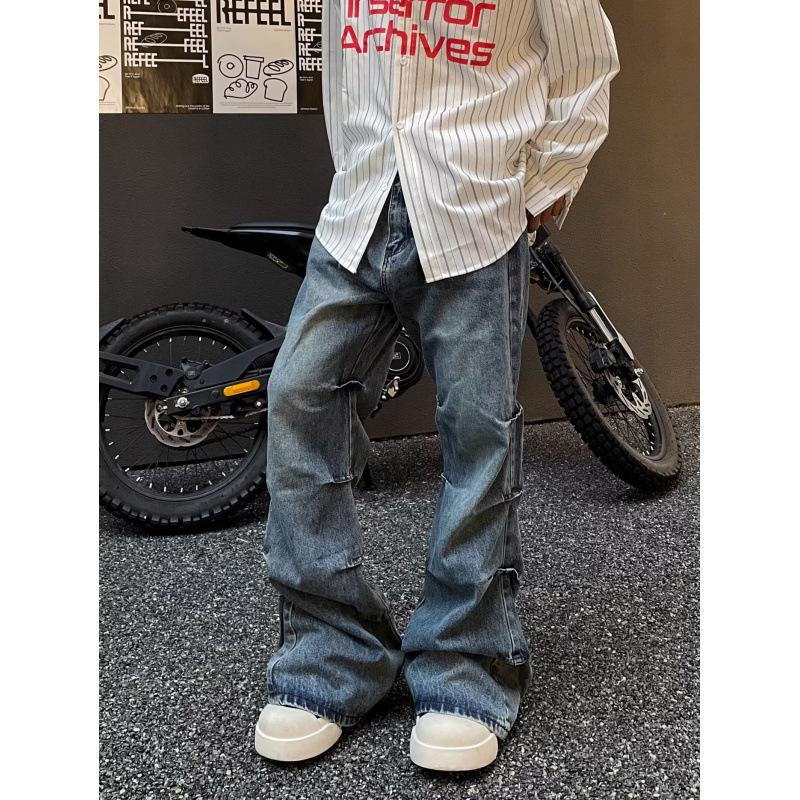 JYL Men s Flare Jeans American Side Pleated Wasteland Wide-Leg Denim 3XL