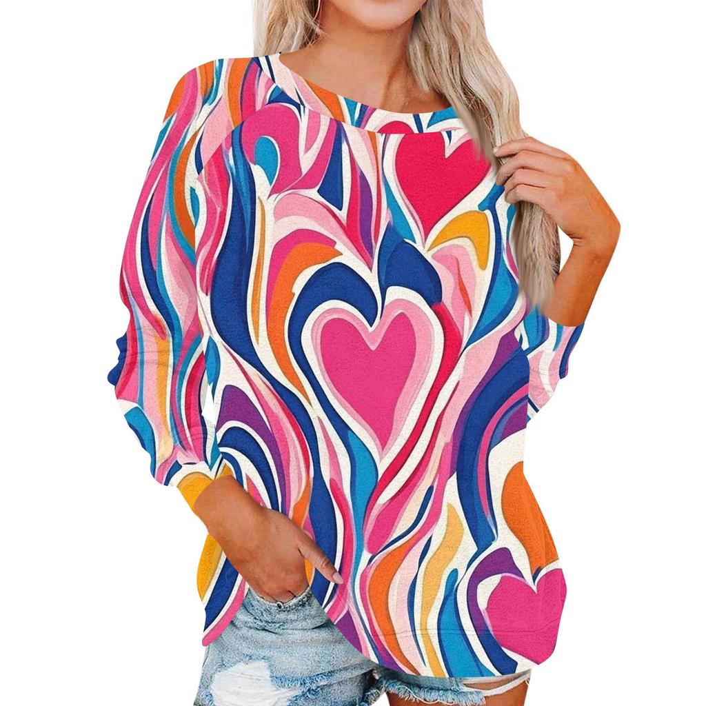 Damen Modisches Rundhals Schulter Langarm Valentinstag Bedrucktes Lässiges Pullover-Oberteil