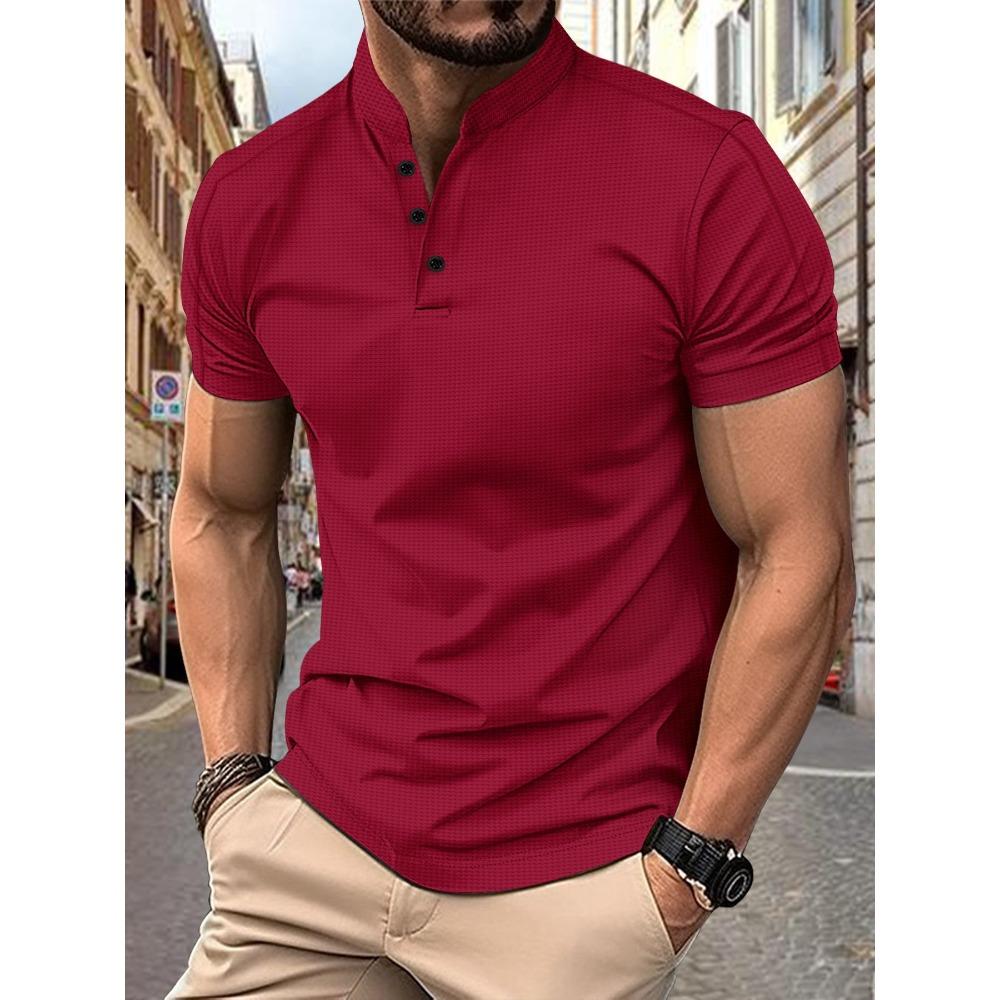 Men's short-sleeved polo shirt with a stand-up collar and waffle henley neckline