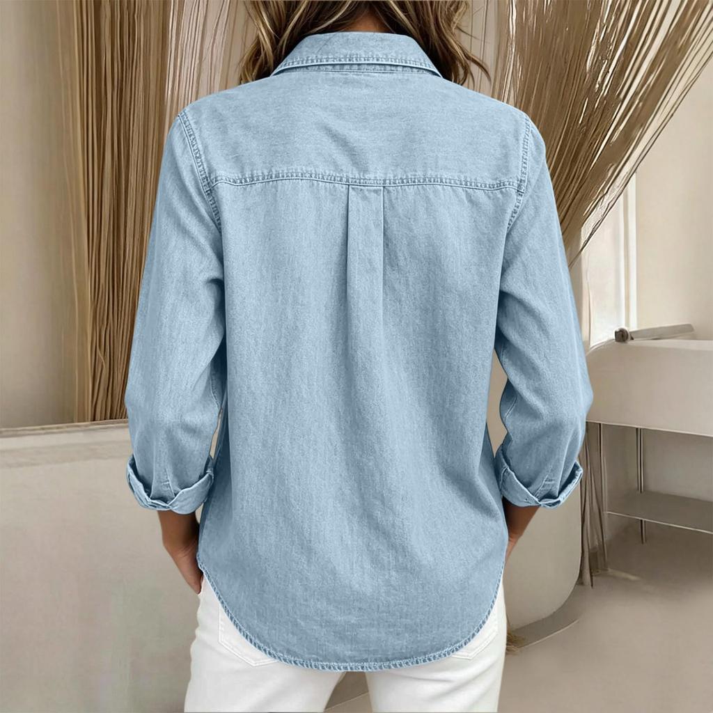 Women's Casual Long Sleeve Denim- Shirt with Stand Collar for Everyday Wear