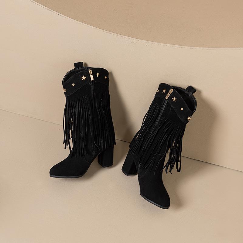 Women's high-heeled short boots autumn and winter new thick-heeled large-size fringed short boots