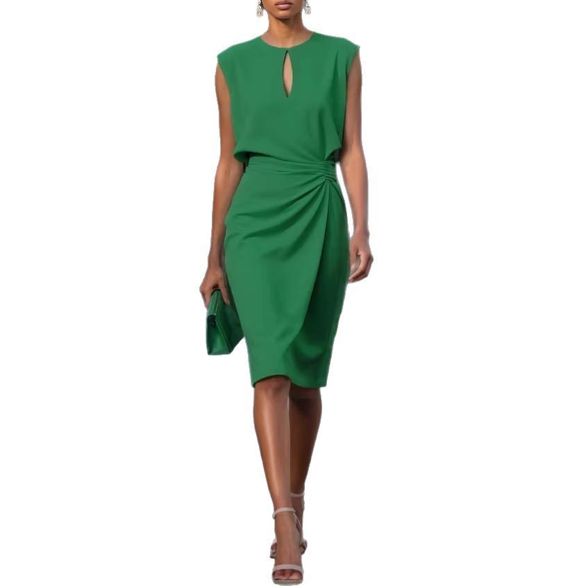 2026 European and American women's clothing, retro temperament cross solid color knotted round neck hollow dress