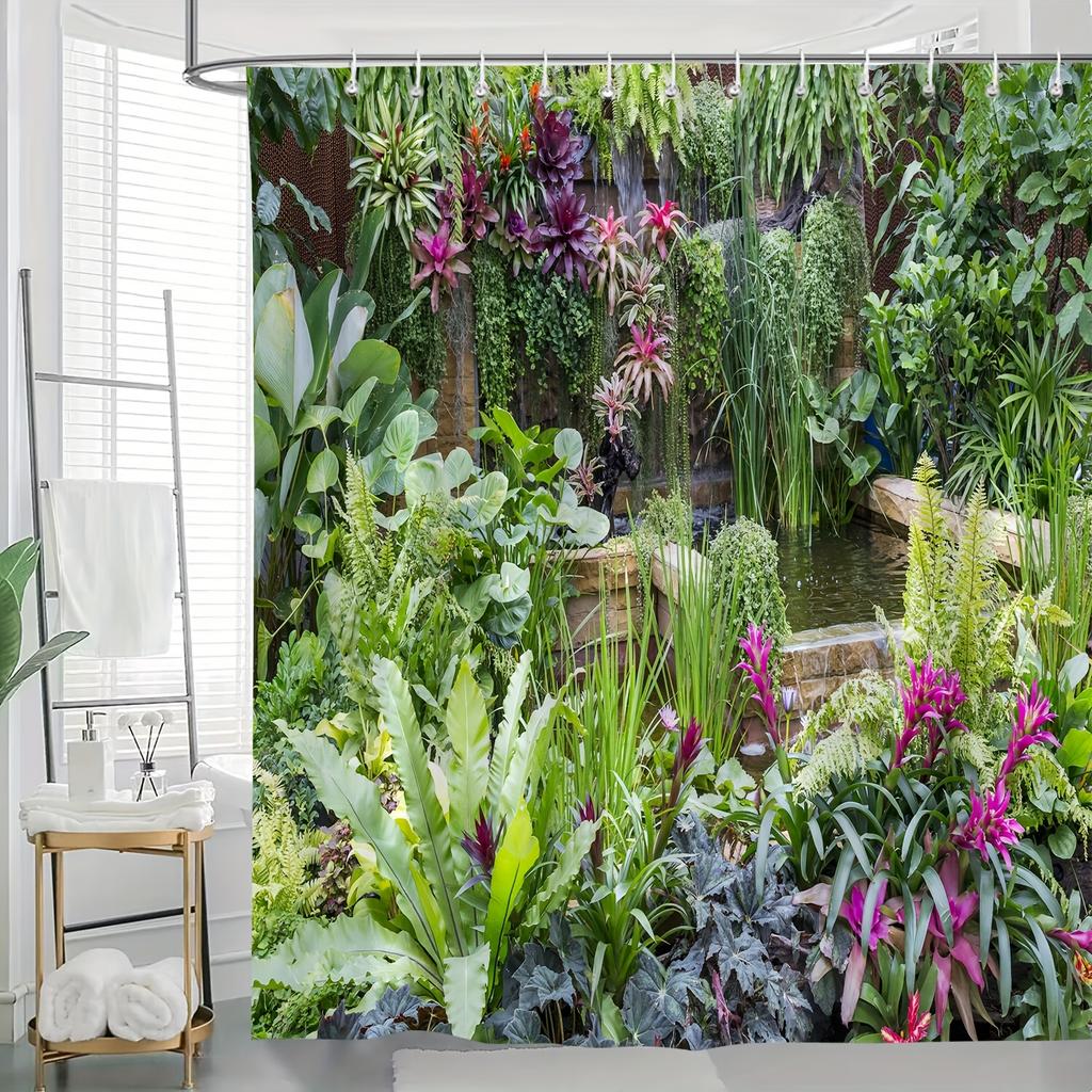Shower Curtain: Lush Tropical Garden with Waterfall for a Vibrant and Nature-Inspired Bathroom Decor