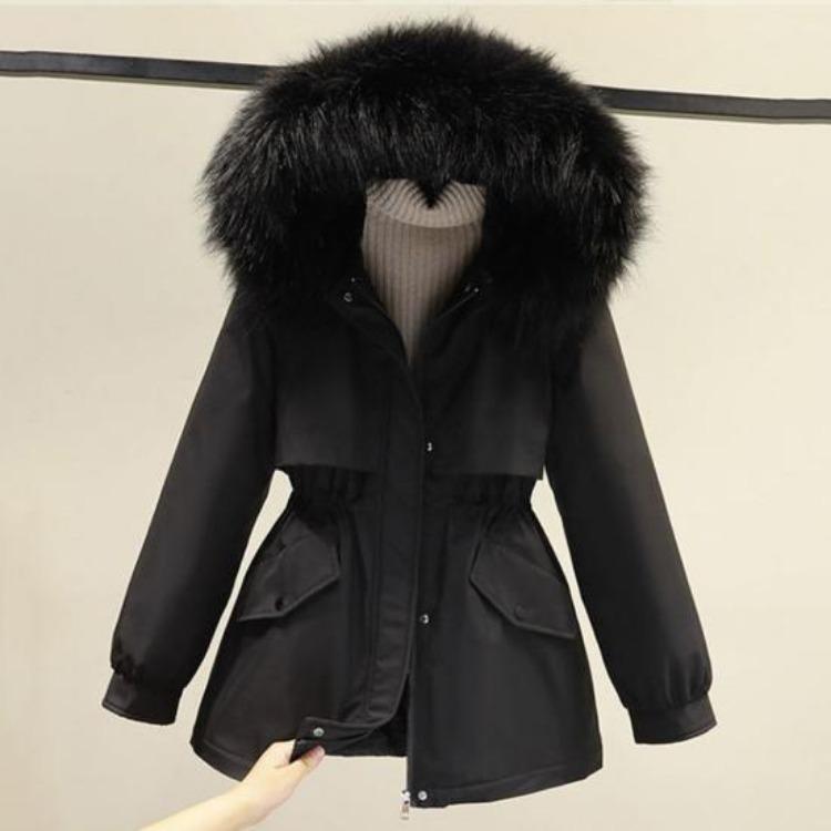 Winter Women Coat Furry Hood Thickened Plush Mid Length Jacket Long Sleeves Elastic Waist Windproof Pockets Zipper Closure