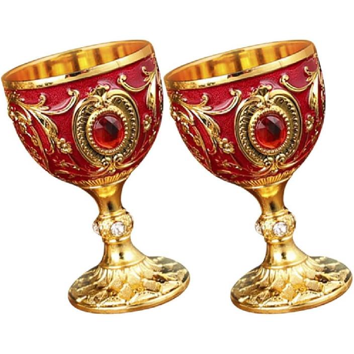 Amosfun 2.7 Inch Retro Goblets Metal Wine Cups Royal Chalices Medieval European Style Embossed Drinking Cups Party Favors 30ml Red